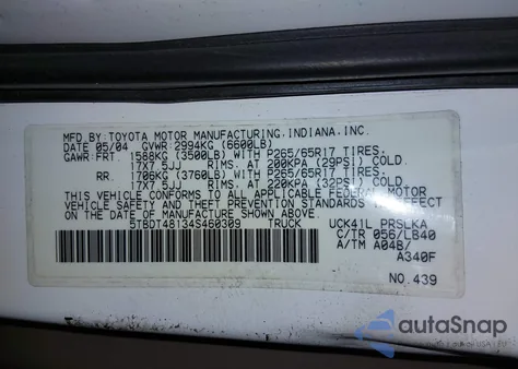 2004 Toyota Tundra Limited V8 из США, поврежденный, VIN 5TBDT48134S460309